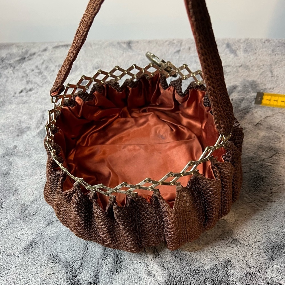 Victorian Brown Crochet Reticule Purse with Ornate Hinged Metal Lid